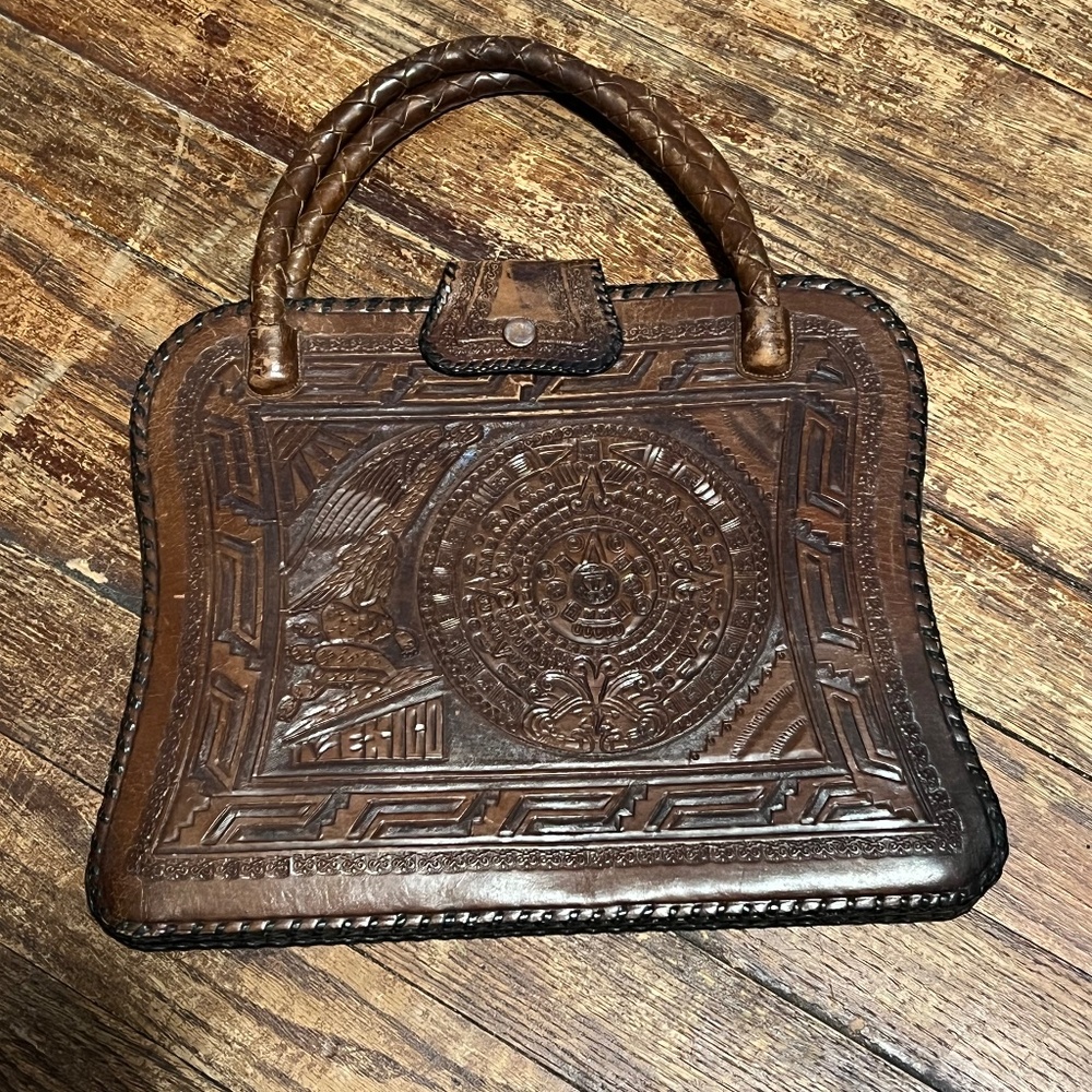 1940s brown Mexican tooled leather and suede purse